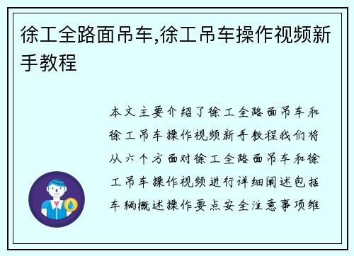 徐工全路面吊车,徐工吊车操作视频新手教程
