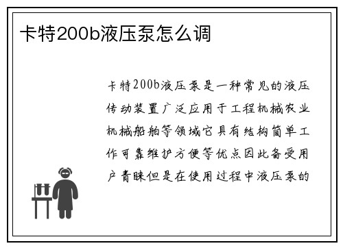 卡特200b液压泵怎么调